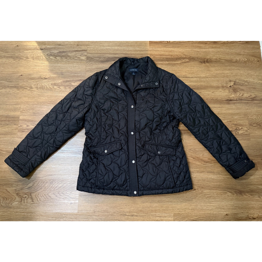 Lands End Womens L 14-16 Black Quilted Jacket Snap Front Lightweight Coat - Picture 3 of 11